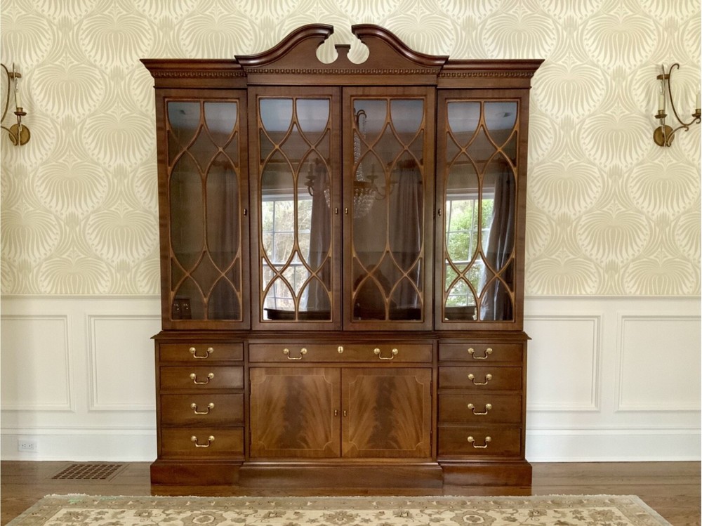 Vintage Two-Piece Hickory Chair Mahogany Breakfront China Cabinet