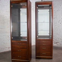 Modern Pair Lighted Display Cabinets by Bassett Furniture Cherrywood & Brass