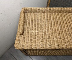 Vintage Boho Chic Coastal Wicker Rattan Drop Front Record Storage Cabinet Table
