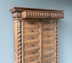 77″ Tall Antique French Apothecary Cabinet Solid Oak Carved with Compartments