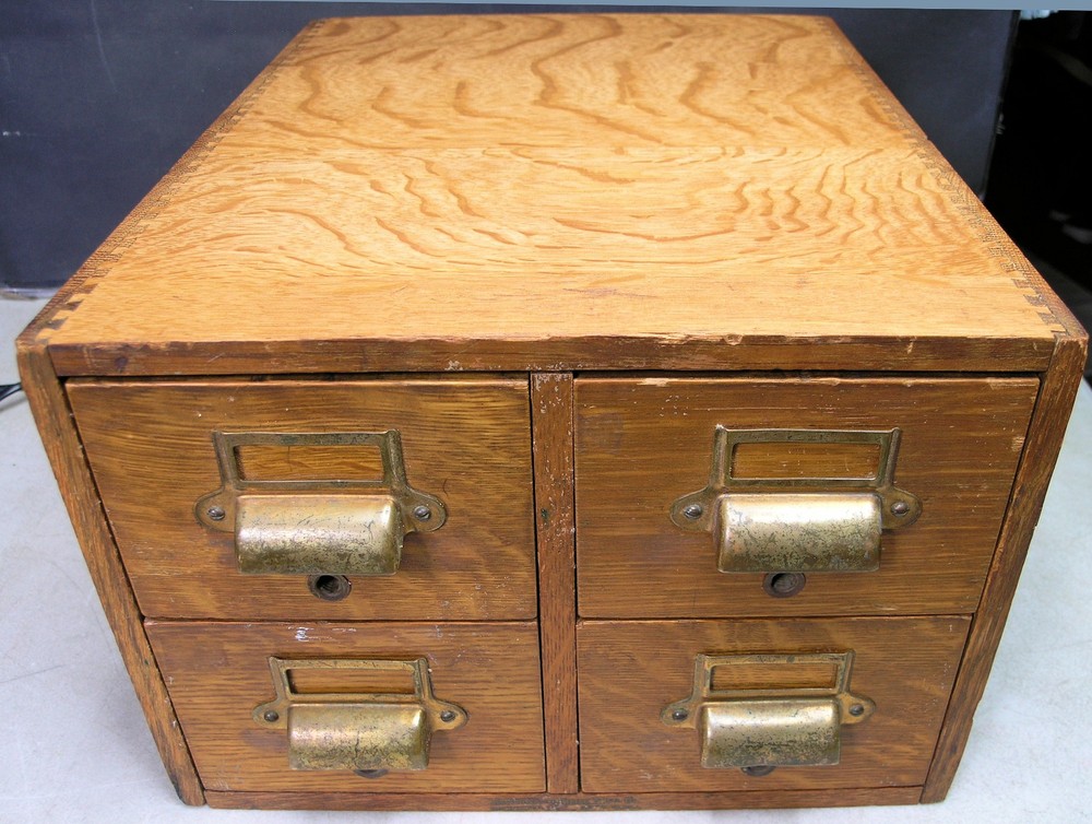 Antique Oak Yawman & Erbe Four Drawer Library Index Card Desktop File Cabinet