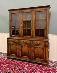 Antique English Large Bookcase Cupboard Cabinet Triple Door Glass Oak c. 1930s