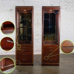 Modern Pair Lighted Display Cabinets by Bassett Furniture Cherrywood & Brass