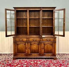 Antique English Large Bookcase Cupboard Cabinet Triple Door Glass Oak c. 1930s