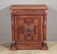 French Antique Renaissance Revival Solid Oak Wood Bar Cabinet with Carvings