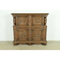 Antique Danish Renaissance Revival Carved Oak Bar Cabinet, Circa 1890s