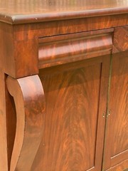 ANTIQUE EMPIRE CROTCHED MAHOGANY JELLY CUPBOARD WITH DOUBLE DOORS & OGEE DRAWERS