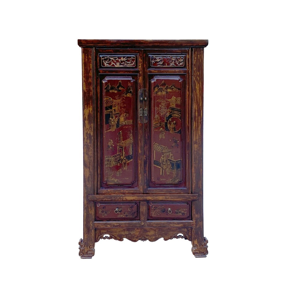 Chinese Vintage Brown Golden Scenery Armories Storage Cabinet cs6059