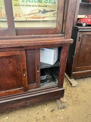 vintage antique oak country store display cabinet 94” L x 25” D x 97” H – 2 door