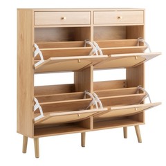 Rattan-front shoe cabinet with 2 drawers and 4 flip-down compartments