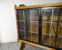 Antique Victorian Arts & Crafts Gothic Oak Cabinet Table with Glass Iron Doors