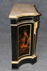 19th c. Ebonized Chinoiserie and Bronze Ormolu Mounted Marble Top Cabinet