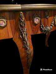 Display Curio Table Bronze Mounts Curved Glass Louis XV with porcelain decor.