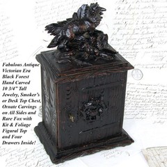 Antique Black Forest Carved 11″ Chest, Cabinet, Box: Animalier Style FOX and Kit
