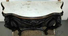 Antique French Louis XV Ebonized Bowfront Console Table w/ White Marble Top