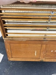 Antique Schoolhouse Oak Wall Mount Map Cabinet w/ 8 Early 1900’s Pull-Down Maps