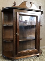 vtg Original curio Wood Walnut Color cabinet Door Inside Collectible Covered