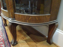 Antique Tiger Oak Curved Glass 2 Pilliar Curio China Cabinet 5 Shelves