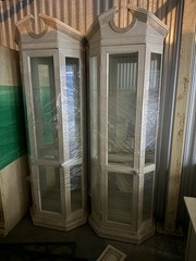 Antique Tall Beige Glass Display Cabinets Wood Decorative Top Pair