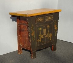Antique Hand Painted Asian Chinoiserie Altar Cabinet Side Table