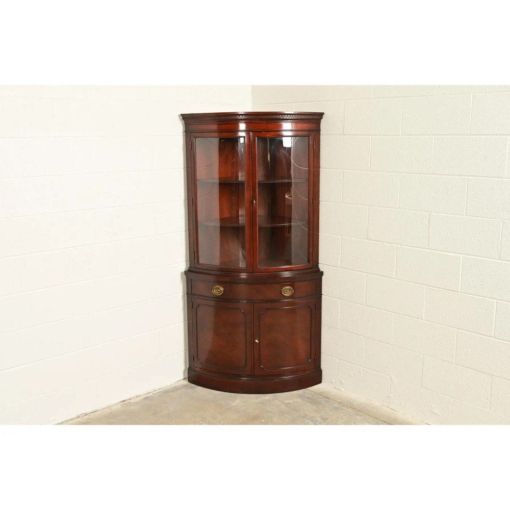 Drexel Georgian Mahogany Bow Front Corner Cabinet, 1950s