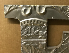 Decorative Salvaged Tin Ceiling 16″ Patchwork Shabby Silver Letter F Old 222-26B