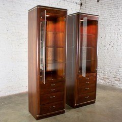 Modern Pair Lighted Display Cabinets by Bassett Furniture Cherrywood & Brass
