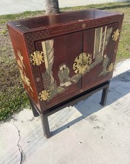 Vintage Hand Painted Red Lacquer Asian Oriental Cabinet Table Made in Spain