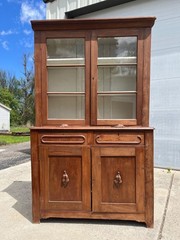 Antique Walnut 2pc Kitchen Hutch Cabinet Stepback Pantry Farmhouse Cupboard