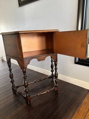 Antique 20s Jacobean Revival Gothic Copper Lined Wood Humidor Cabinet Side Table