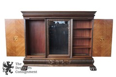 Massive Antique Renaissance Revival Walnut Carved Knockdown Bookcase Armoire