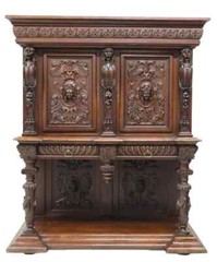 Antique Cupboard, French Renaissance Revival, Carved Oak, Shelf, Drawers, 1800s