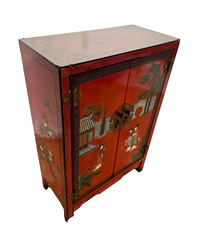Mid Century Chinese Console Cabinet Double doors interior shelf Hand Painted