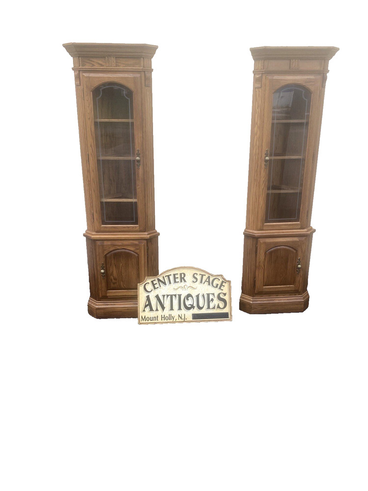 64573 PAIR Oak Corner Cabinet Curio s With 3 wood and glass shelves each