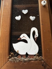 Vintage Country Wall Organizer Cabinet Wood Mesh Door Swan Decor Trinket Shelf