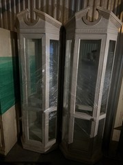 Antique Tall Beige Glass Display Cabinets Wood Decorative Top Pair