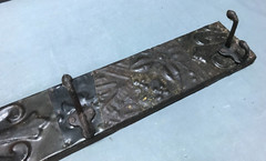 VTG Decorative Patchwork Rust 23″ Tin Ceiling Metal 3 Hook Rack Old 140-25B