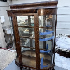 Antique Oak Curved Glass /Mirror Inside China Cabinet – Large With Carved Feet