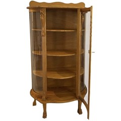 Early 1900s Lion Heads Claw Feet Oak Display Curio Cabinet Cupboard With Key