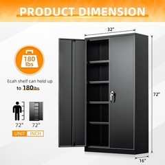 Small Black Steel Storage Cabinet 72x32x16 Inch With Lock And 4 Adjustable