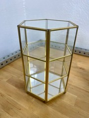MCM Miniature Brass & Glass Tabletop 3-Shelf Double Door Curio Display Cabinet