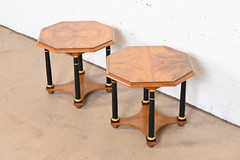 Baker Furniture Neoclassical Burl Wood Parcel Ebonized Gilt Side Tables, Pair