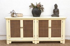 74″ Long Lattice Sideboard in Cream & Wood Storage Cabinet Farmhouse Coastal
