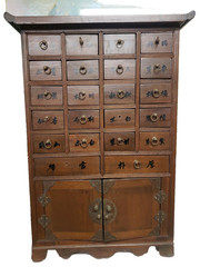 Antique Oriental Apothecary Pagoda Herbal Cabinet 23 drawers 26x17x9.5 signed