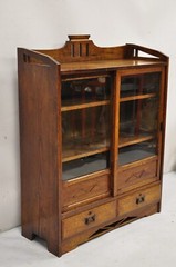Antique Mission Oak Arts & Crafts Small Sliding Door Bookcase Curio with Drawers