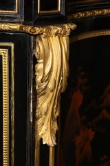 19th c. Ebonized Chinoiserie and Bronze Ormolu Mounted Marble Top Cabinet