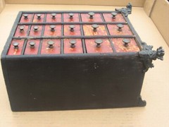 ORIGINAL OLD AMERICAN MADE SMALL 18 DRAWER WOODEN SPICE OR VALUABLES CABINET