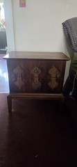 kent coffey Antique Wood Night Stand Brown Stained 2 Decorative Doors 25x25x16″