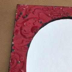 Decorative Salvaged Tin Ceiling 20″ x 23″ Red Metal Tin Oval Mirror Old 1861-23B