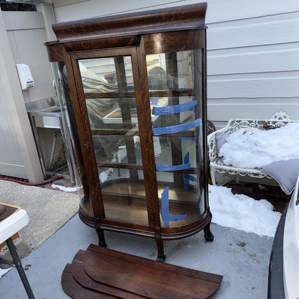 Antique Oak Curved Glass /Mirror Inside China Cabinet – Large With Carved Feet
